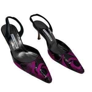 Manolo Blahnik Embroidered Slingback Pumps Black Pink Sequin Pointed Toe 41